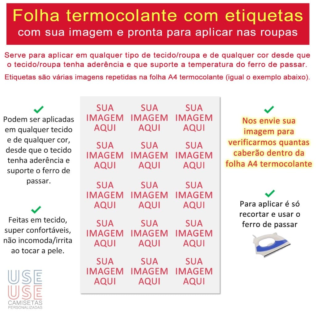 1 Folha A4 Termocolante com Etiquetas ou Patch para aplicar na roupa ou tecido já vai com sua imagem arte logo símbolo
