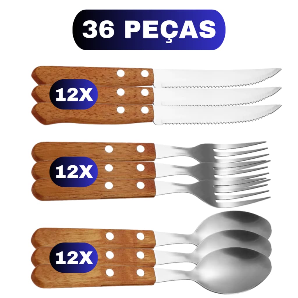 Conjunto Talheres com Cabo Madeira  Faca de Serra Colher e Garfo Inox