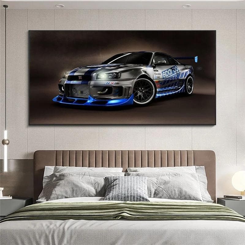 Skyline GT R R34 carro esporte tuning quadro decorativo azul cinza