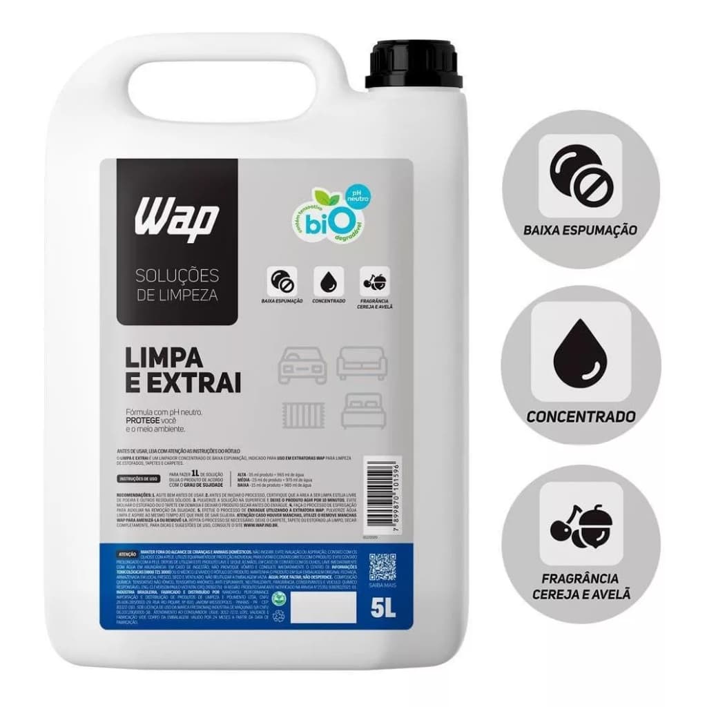 Detergente Limpador Concentrado Estofado Baixa Espumação Extratoras Limpa Extrai 5L Wap