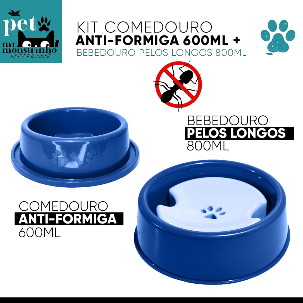 Kit 2un Bebedouro Pelos Longos com Boia 800ml + Comedouro Anti Formiga Pet 600ml