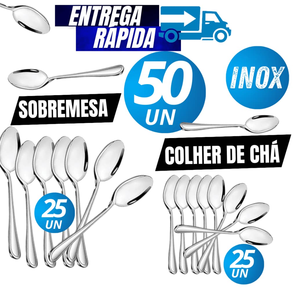 Kit 50/24 Talher Em Inox de Sobremesa Chá e Colher Para Doces Sorvete Cozinha  colher de chá + Colher De Sobremesa