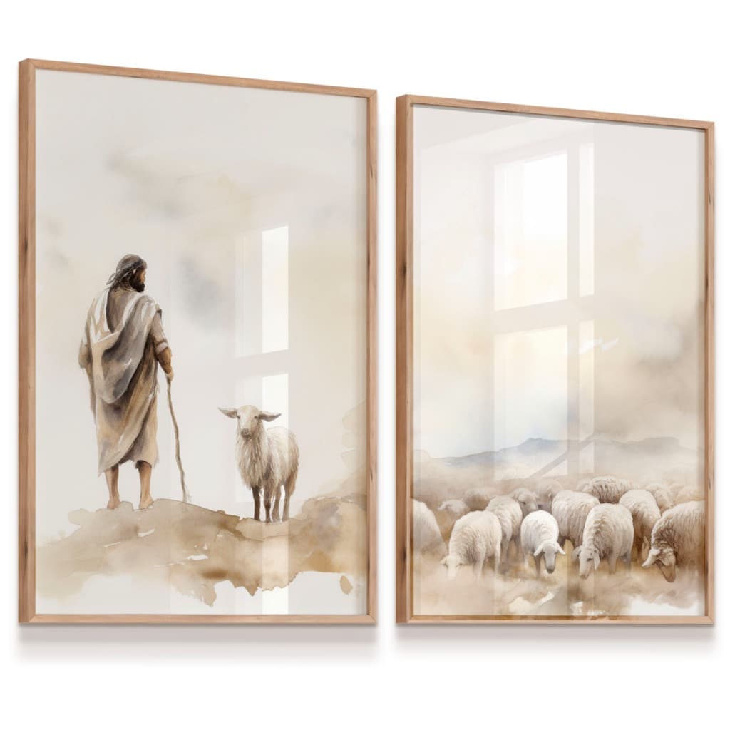 Kit 2 Quadros Decorativos Jesus Pastor Ovelhas Pastoreio Sala Quarto Escritório 53x73cm