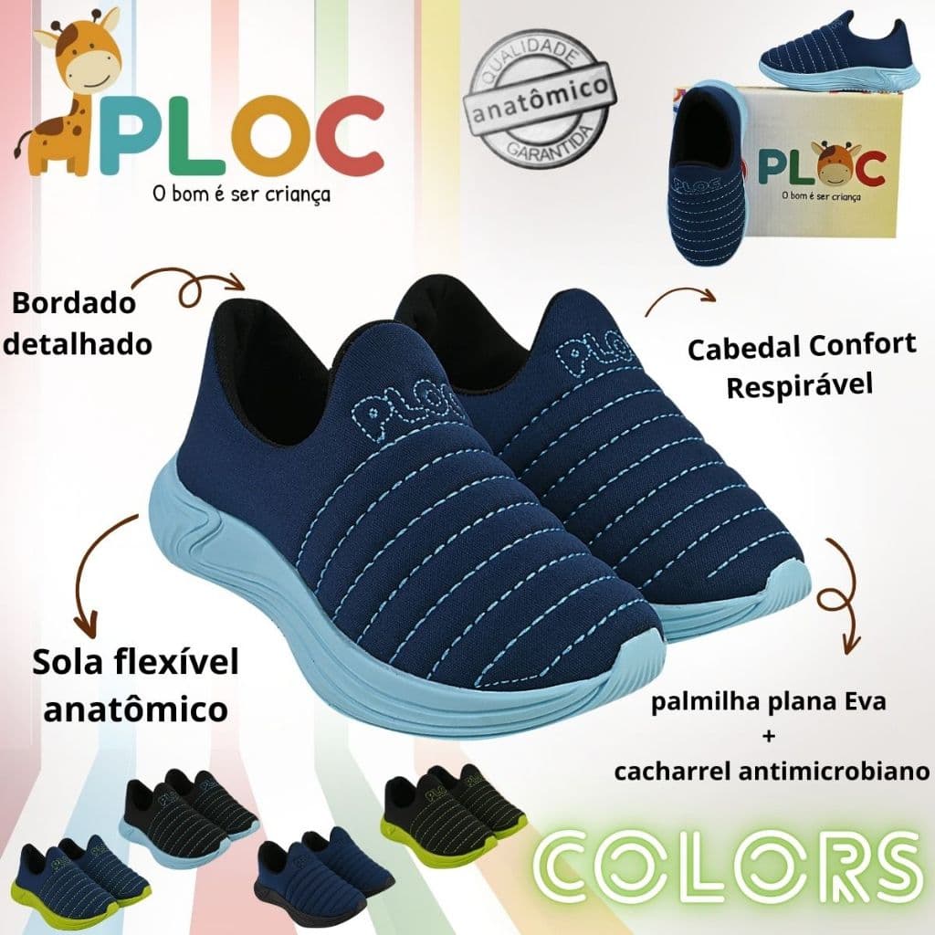 Tênis Ploc Colors Infantil Menino Calce Fácil Jogging Anatômico