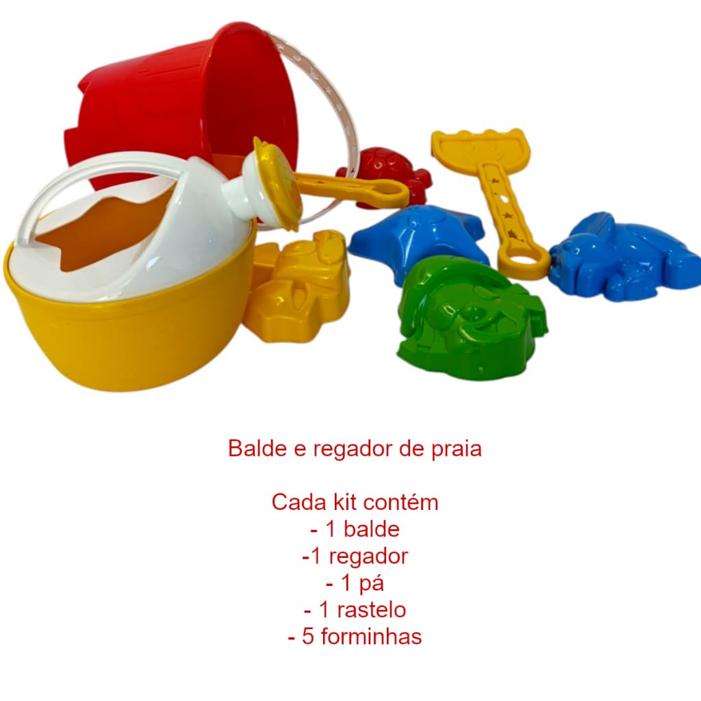 Kit praia Super: Balde + pá + rastelo + regador + 5 formas sortidas / 9 peças - Diversão na praia