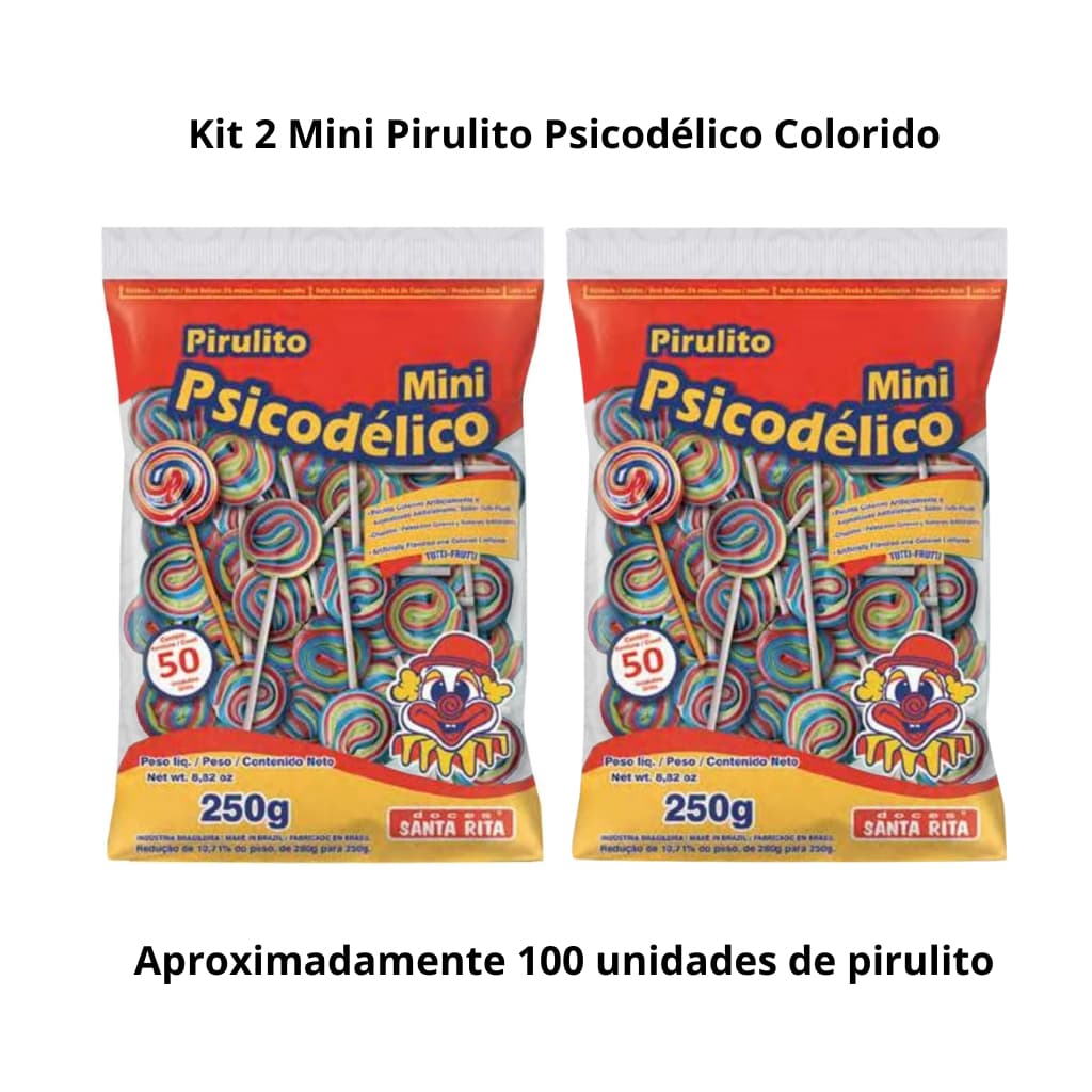 Kit 100 Mini Pirulito Psicodélico Colorido Santa Rita 500g Tutti-Frutti Festas Brindes