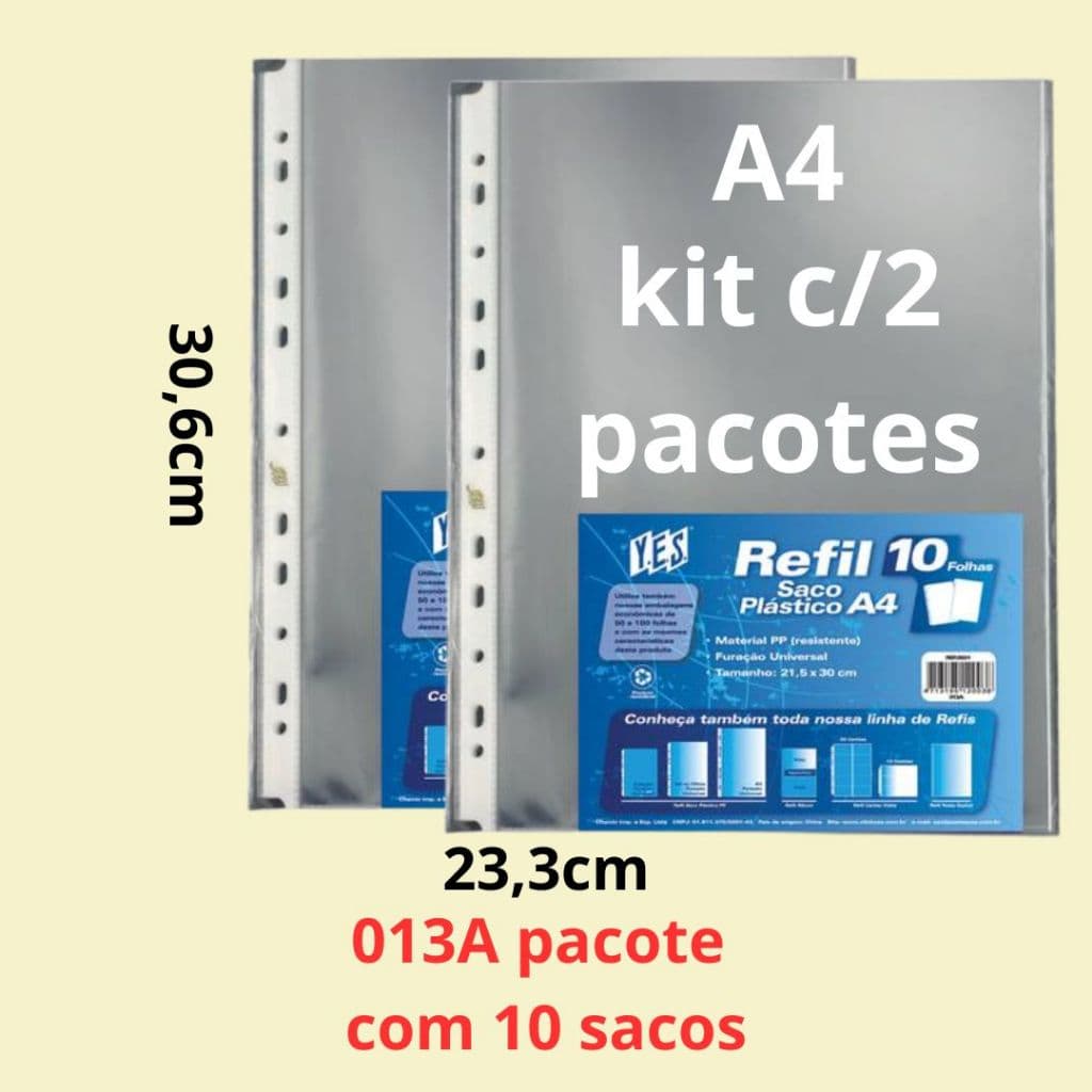 Refil Saco Plástico YES A4 e B5 Colegial transparente pacote c/10 e c/100