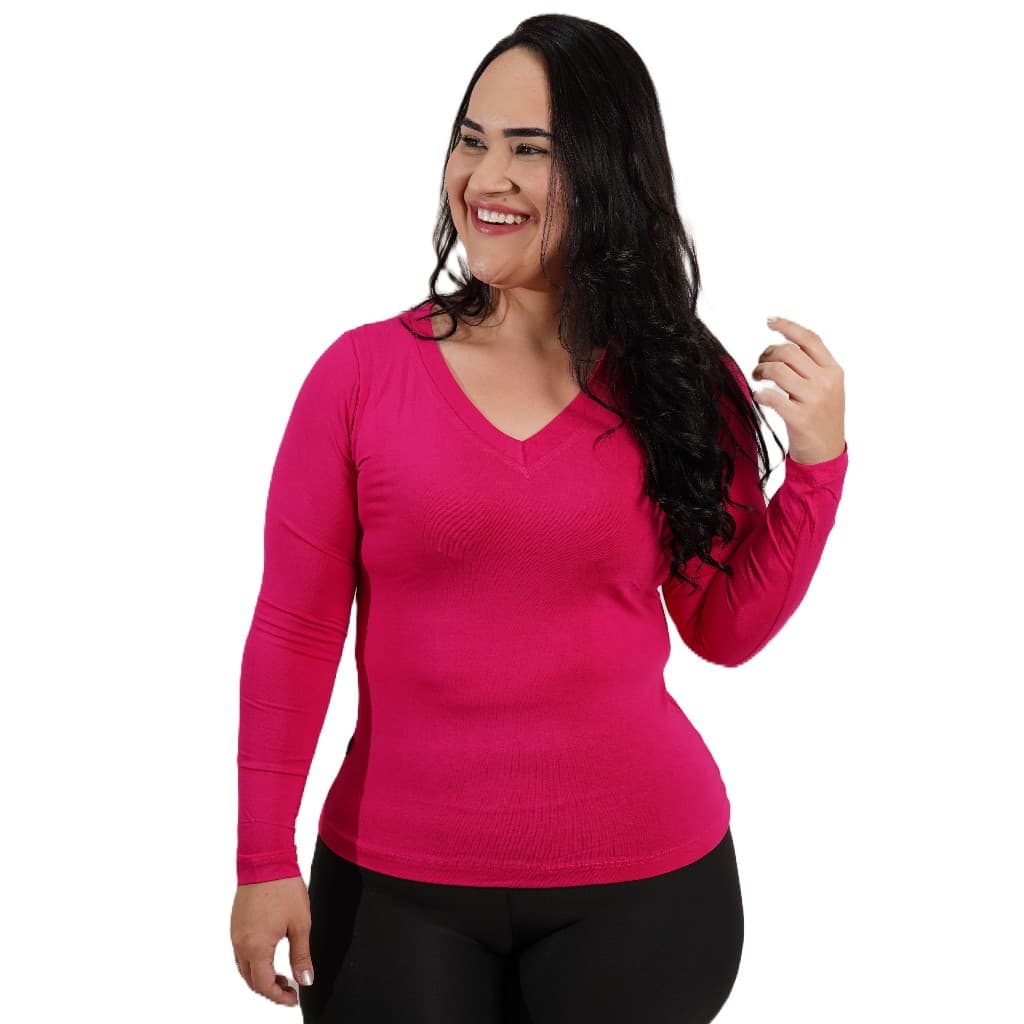 Bata feminina manga longa plus size blusa t shirt gola V casual cores tendência oversized básica