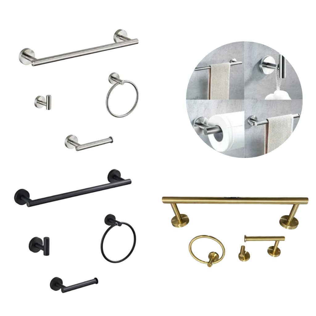 Kit Acessórios Banheiro Inox 4 Peças Redondo Escovado Preto Dourado