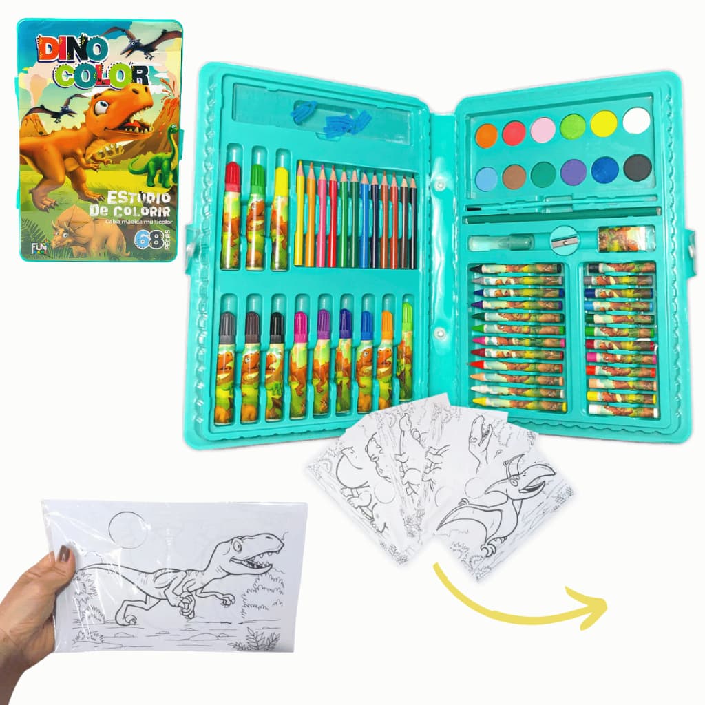 Kit Maleta de Pintura Estojo Dinossauro Jurassic Park Desenhar Pintar - Completo 68 Peças Escolar