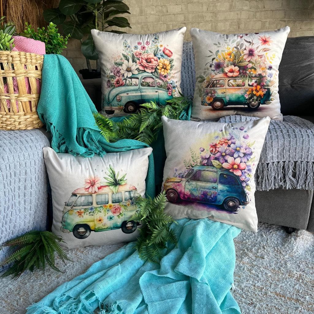 Capas de Almofada 45x45cm Kit com 4 Unidades Decorativas no Veludo de Carro e Flores para Sofá e Cama