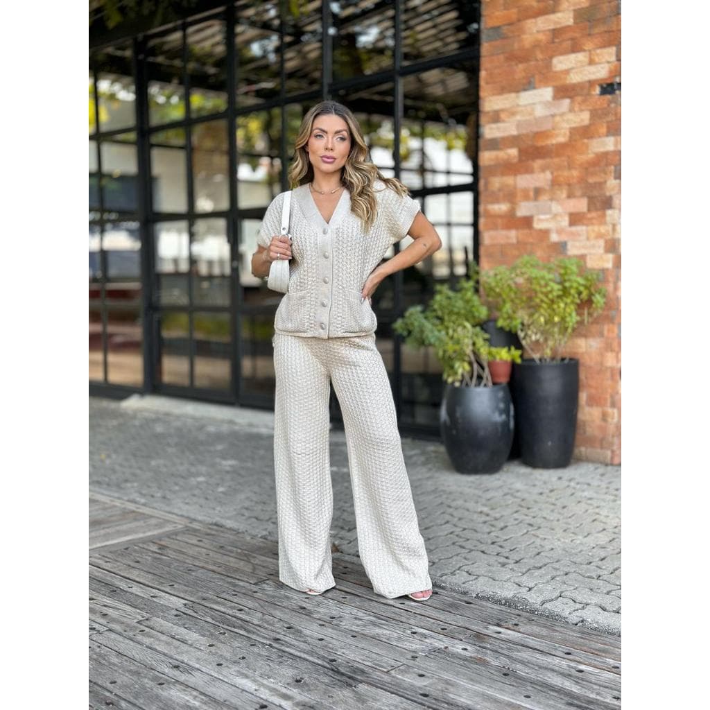 Conjunto Feminino Blusa E Calça Pantalona Trico Modal Mousse Croche
