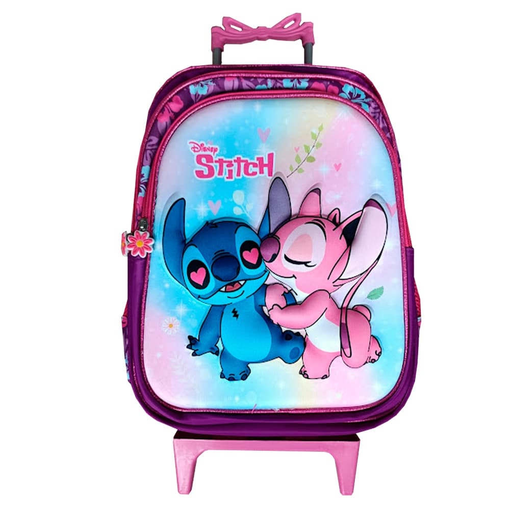 Mochila Stitch com Rodinhas 3D em Alto Relevo Esfolar Infantil Feminina