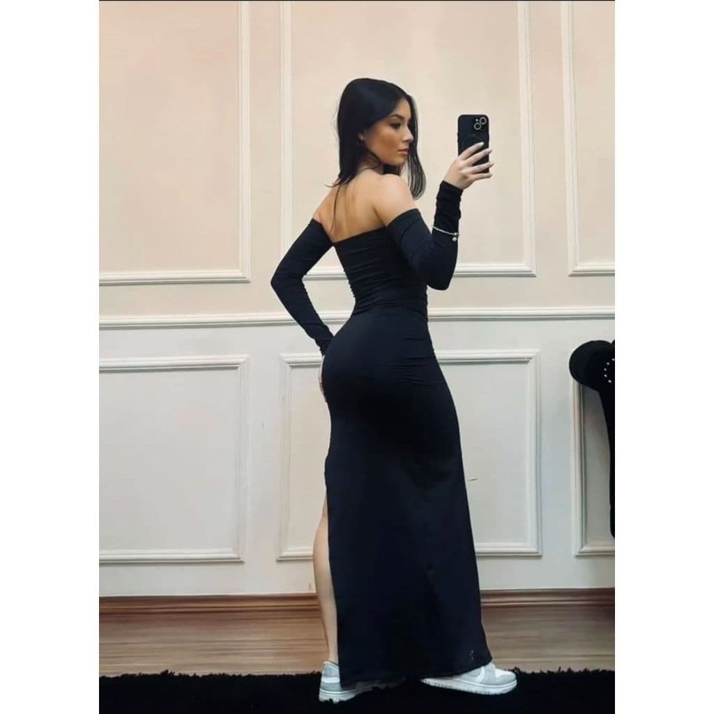 Vestido tomara que caia manga longa com fenda na perna longo moda gringa (IOHANA)