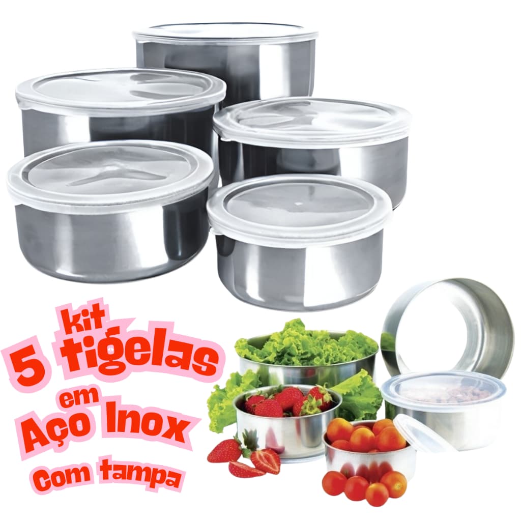 Kit 5 Tigelas Conjunto em Aço Inox Com Tampa Resistente Gourmet Profissional para Chef Culinária Cozinha Armazenamento