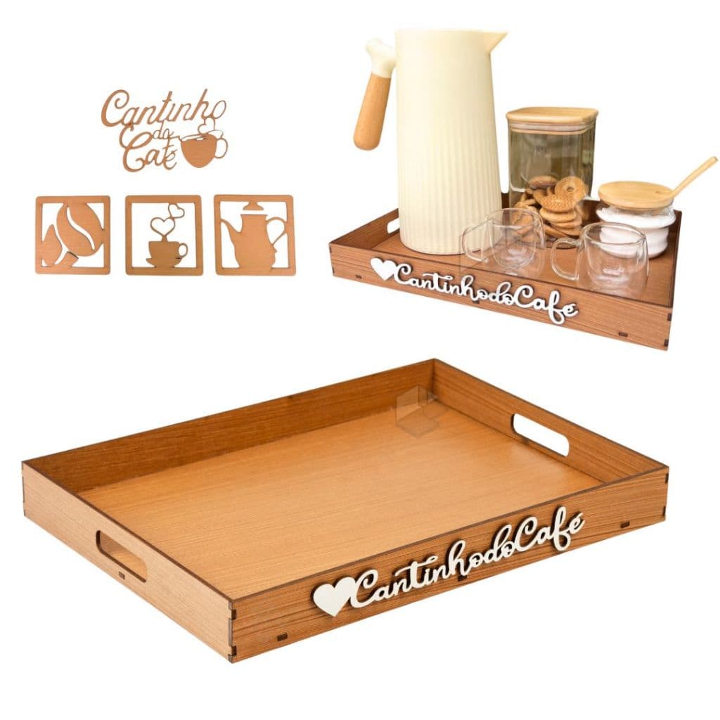 Kit Bandeja Cantinho do Café + Apliques Decorativos 4 Peças Caramelo em Mdf Com Alças Decoração