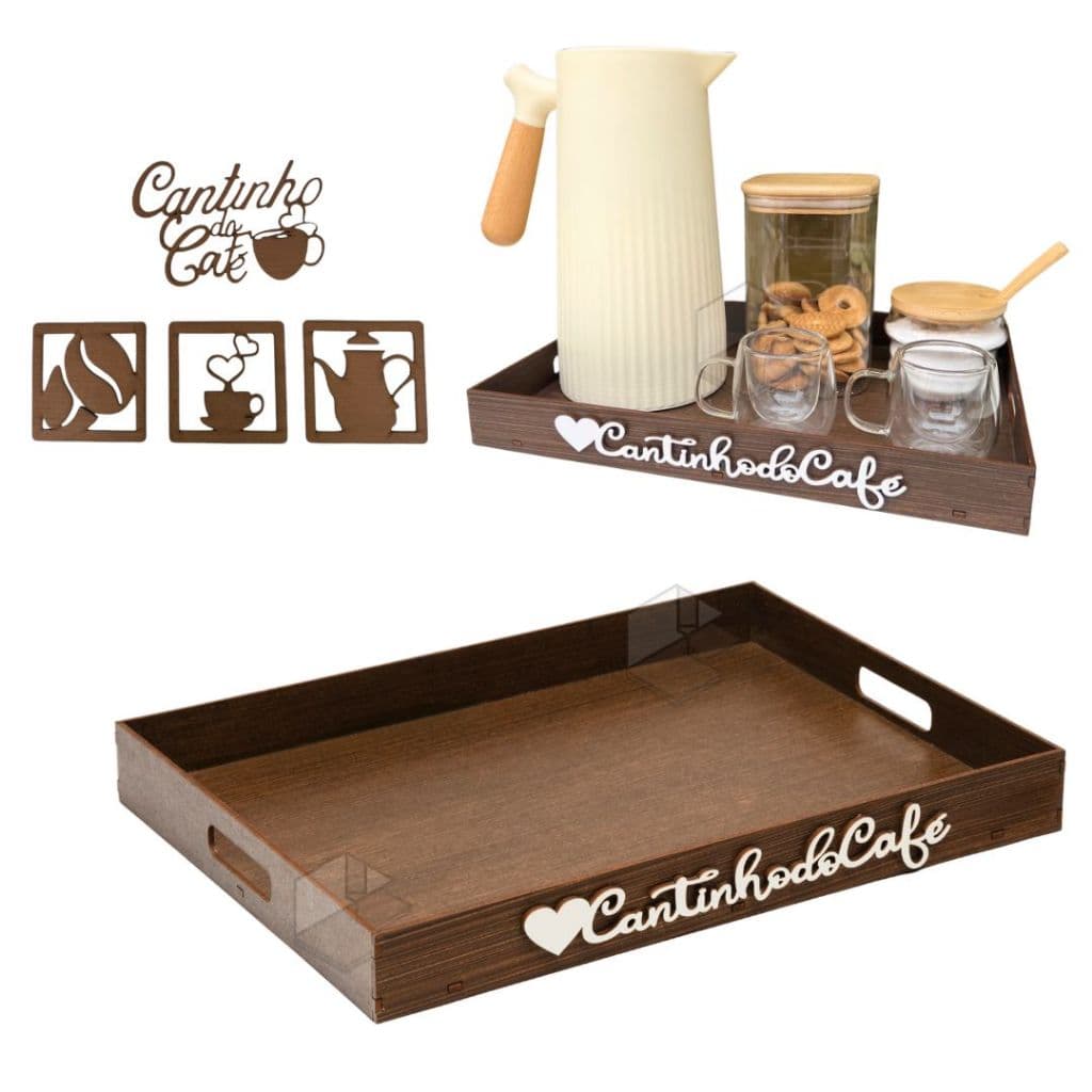 Kit Bandeja Cantinho do Café + Apliques Decorativos 4 Peças em Mdf Com Alças para Servir Cafe Cha