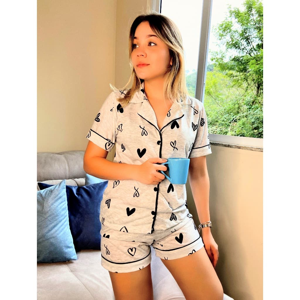 Pijama Feminino short Doll americano blogueirinha botão amamentação gestante pós parto maternidade