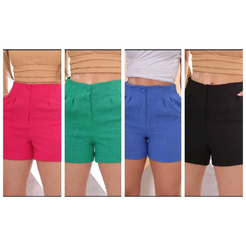 Short De Linho Com Botao Ziper E Bolso Simples
