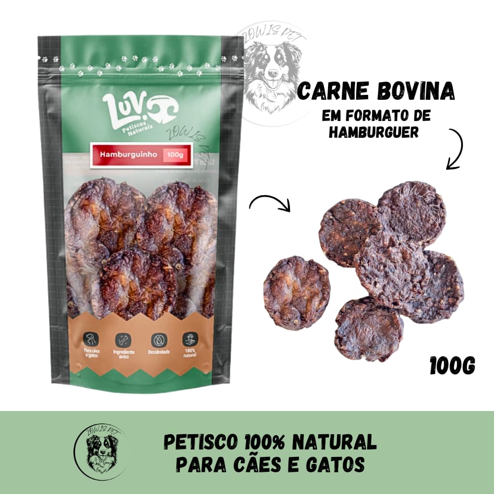 Petisco 100% Natural Carne Bovina em Formato de Hamburguinho Mordedor para Cachorro e Gatos 100g - Luv Petisco