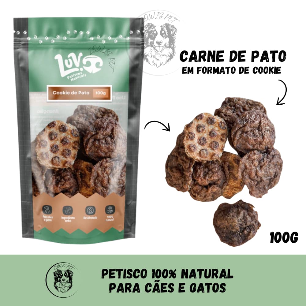 Petisco 100% Natural Carne de Pato em Formato de Cookie Mordedor para Cachorro e Gatos 100g - Luv Petisco