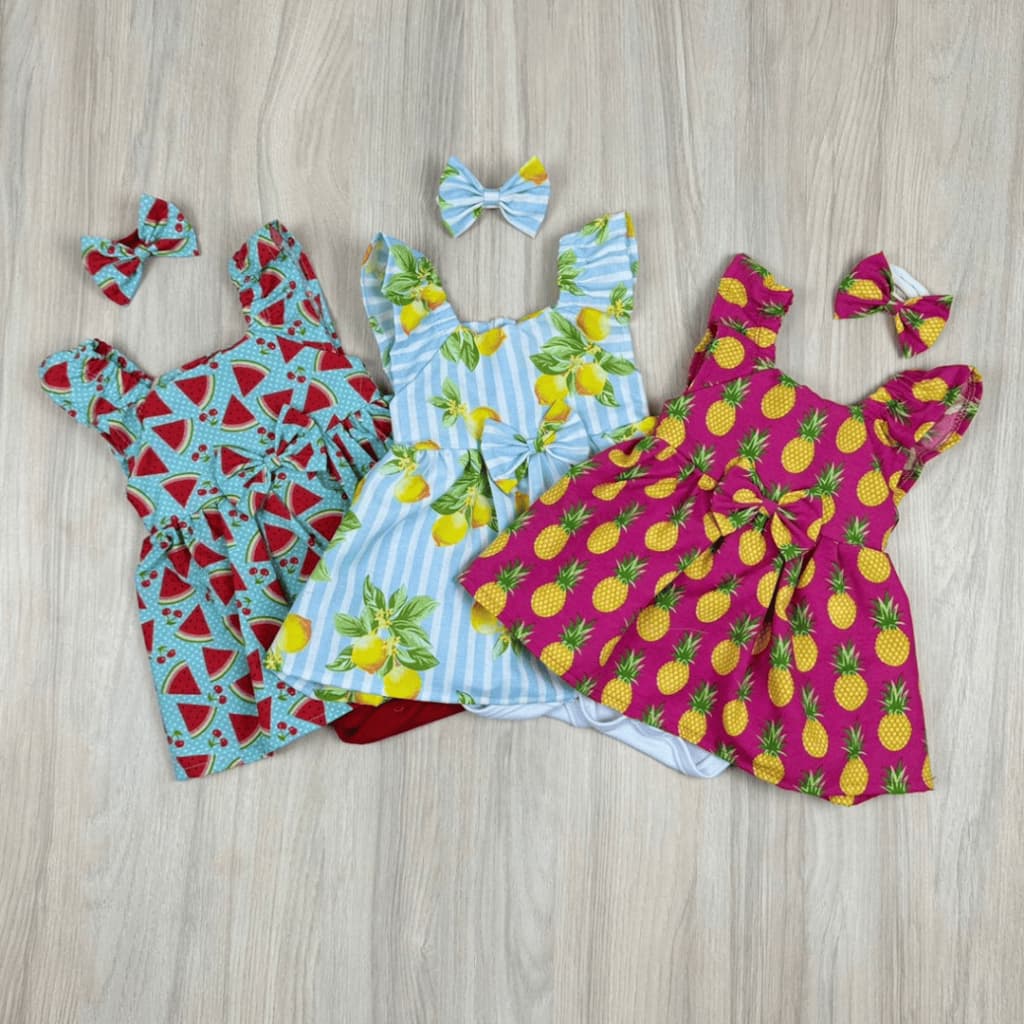 Vestido Body Verão Menina Estampado com Detalhes Delicados em Algodão e Faixa de Cabelo