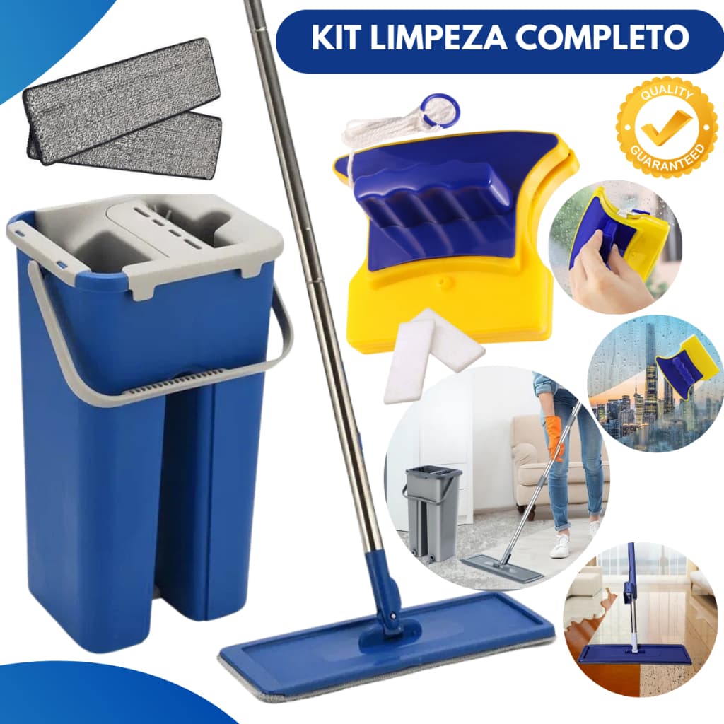 MOP Limpeza Esfregão Rodo Flat Balde Lava Seca Profissional + Limpador Vidros Janelas Magnético