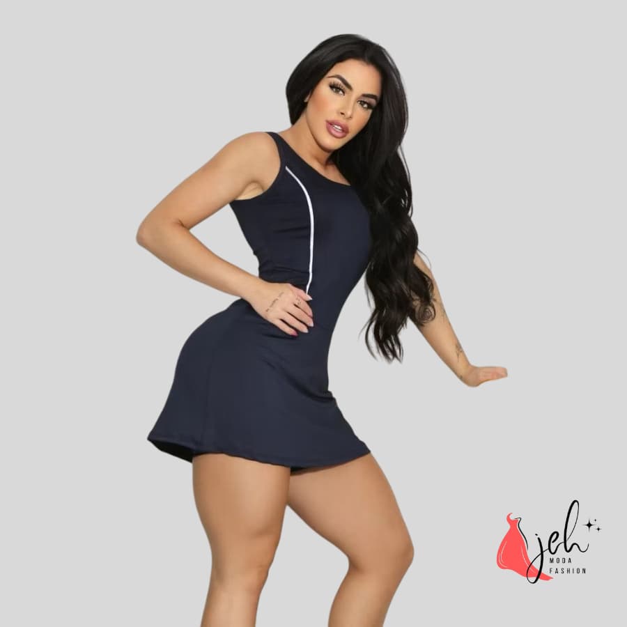 Macaquinho Fitness Feminino com Saia de Viés e Proteção UV