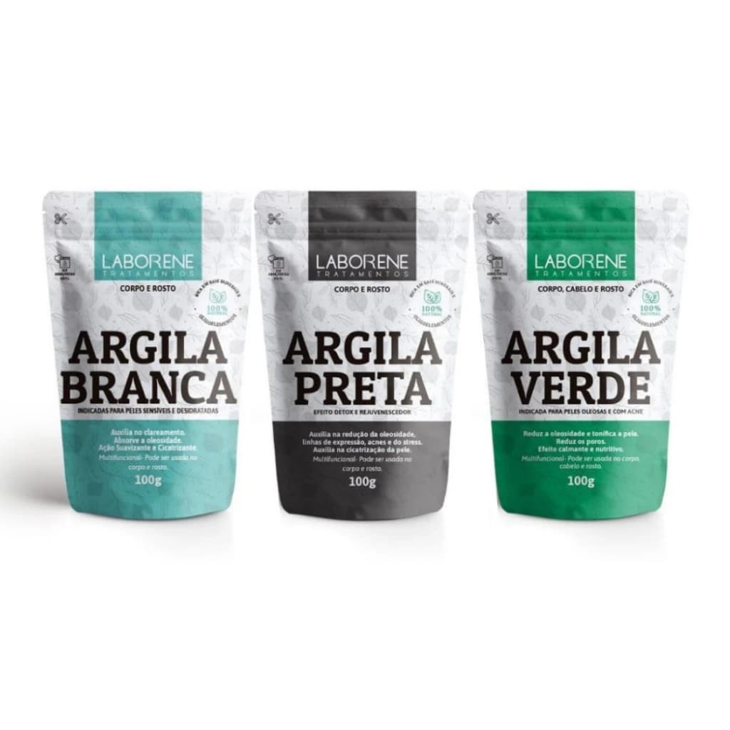 Kit de Argila em Pó Branca, Preta e Verde - Laborene