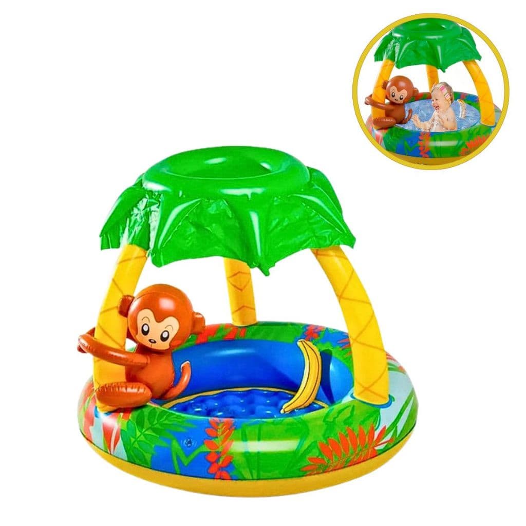 Piscina Inflável Infantil Redonda 53L Coberta Proteção do Sol Com Brinquedo Macaquinho Bebês Praia