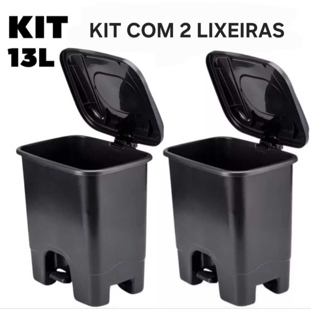 Kit 2 Lixeiras  13 Litros Preta Com Tampa Grande Com Pedal Escritório Banheiro Cozinha