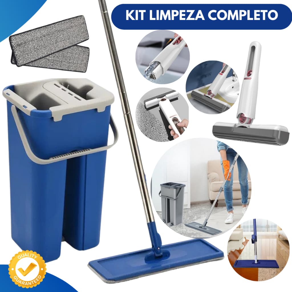 Mop Flat Balde Lava Seca Tira Pó Profissional + Mini Mop Limpeza Carro Multiuso