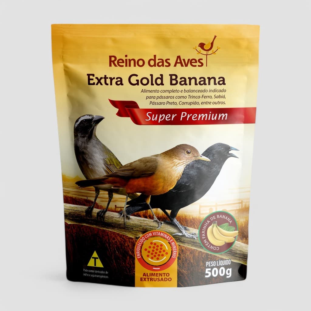 RAÇÃO EXTRA GOLD BANANA 500G | ALIMENTO EXTRUSADO COMPLETO DESENVOLVIDO PARA TRINCA FERRO, SABIÁ, E PÁSSARO PRETO