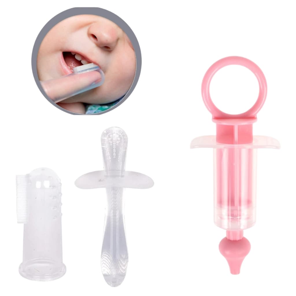 Kit Escova Massageadora com Mordedor e Seringa p/ Bebê SIlicone Alimentação Higiene Multiuso Remédio Infantil