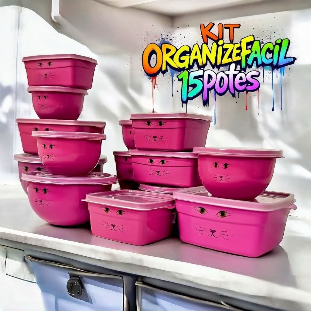 KIT 15 POTES PLASTICOS ORGANIZADORES REDONDO, QUADRADO E RETANGULAR ROSA