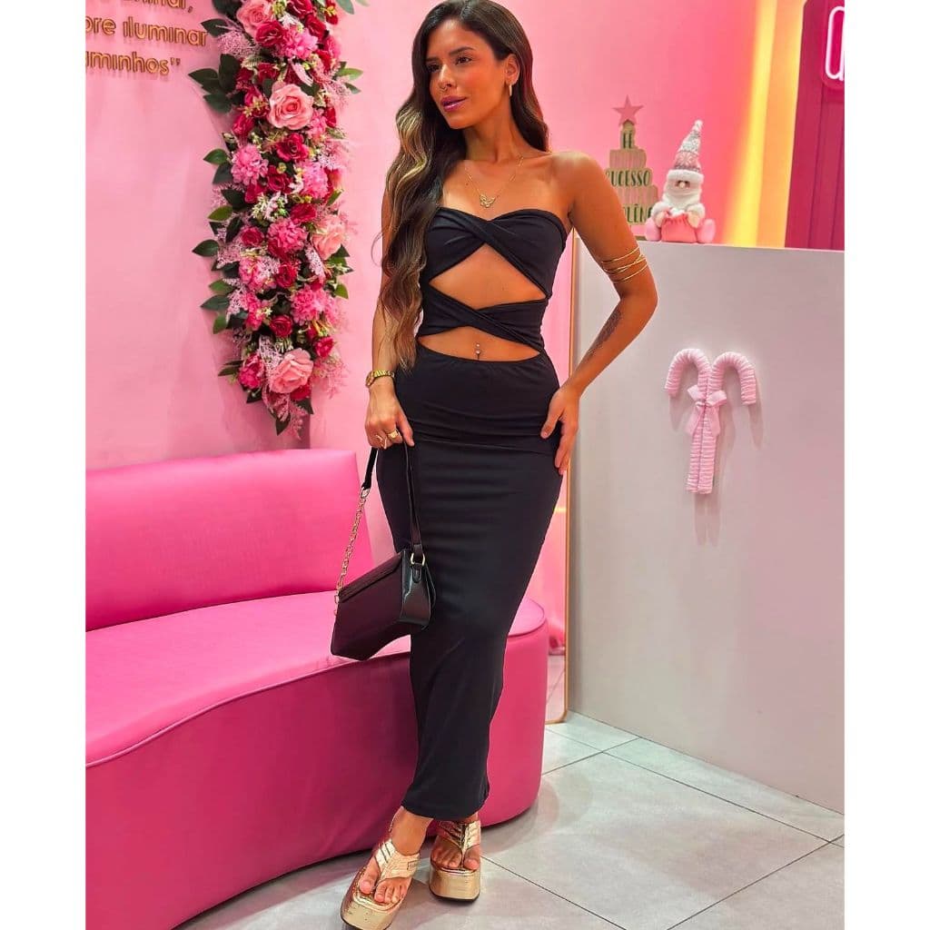 Vestido Longo Feminino com recortes no peito luxuoso modinha tomara que caia moda gringa (MEL)