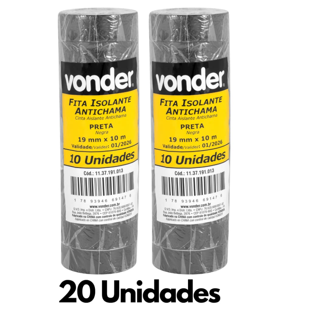 Kit 20 Fitas Isolante Anti Chama Preta de 10 Metros - Vonder