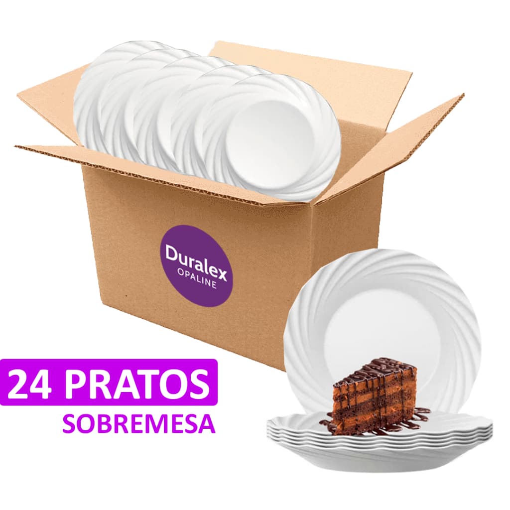 Jogo Kit 24 Prato Sobremesa Jasmim 19CM Duralex Conjunto Vidro Branco Redondo Opaline 19Cm Nadir