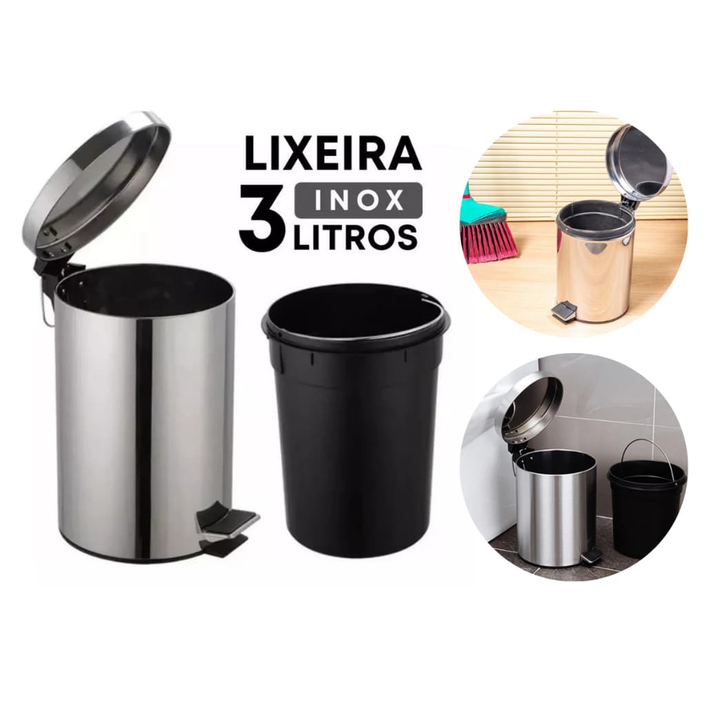 Cesto de Lixo 3L Inox Lixeira com Pedal e Balde Interno Banheiro e Cozinha Escritório