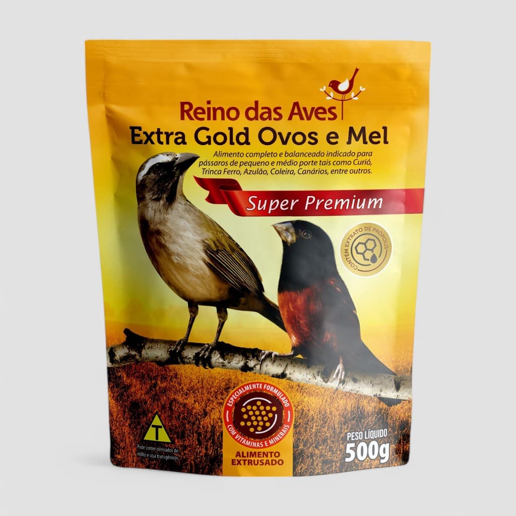 RAÇÃO EXTRA GOLD OVOS E MEL 500G | ALIMENTO EXTRUSADO COMPLETO INDICADO PARA CURIÓ, AZULÃO, TRINCA FERRO E COLEIRA