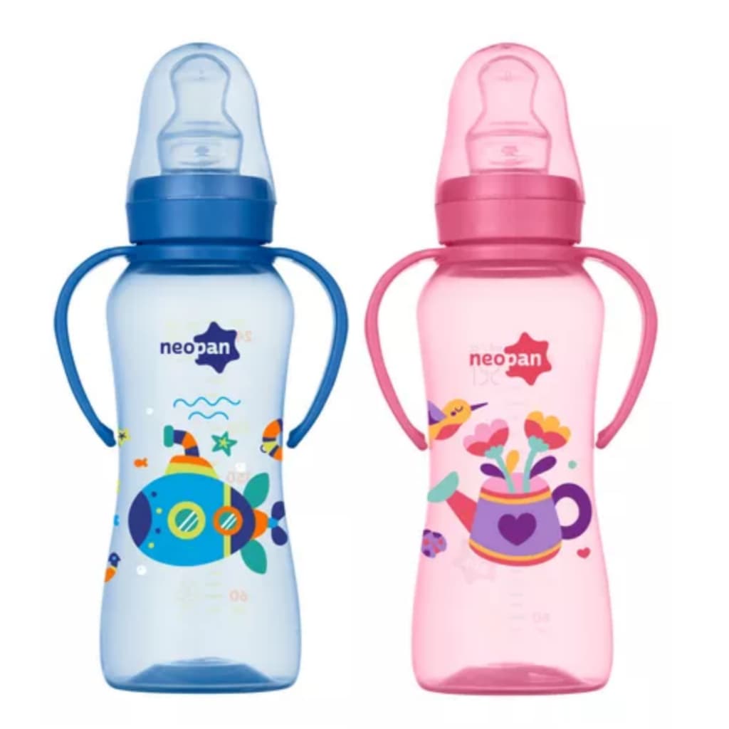 Mamadeira Neopan Criativa Ortodôntica Com Alça Azul ou Rosa  N°2 (+6 Meses) 250ML