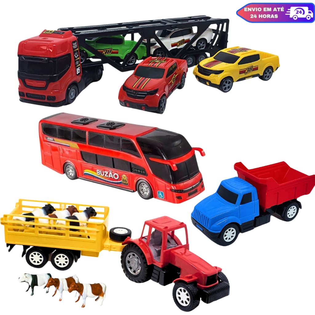 Kit  Brinquedo Caminhão Cegonha Onibus Viagem Caminhão Trator Fazendinha e Caminhão Basculante
