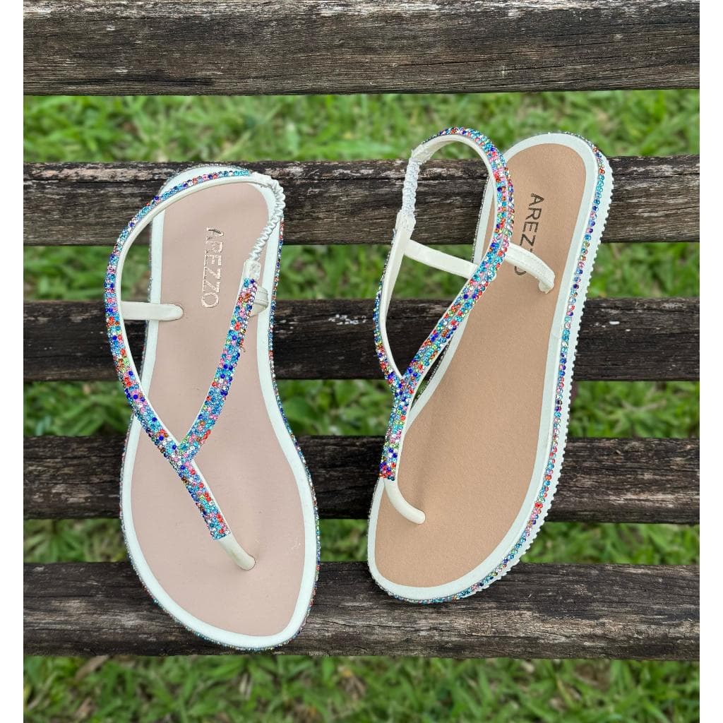 Rasteirinha Arezzo Strass Sandalia Chinelo Pedraria Colorida Brilho Com Elástico Feminina SL