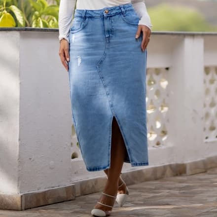 Saia Jeans Alta Costura Longuete Midi Elegante Conforto Sofisticação Versatilidade Estilosa Ref 1228