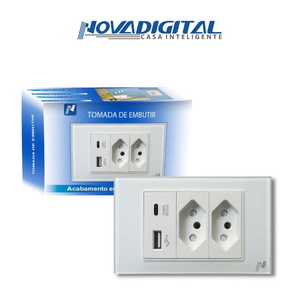 Tomada de Embutir com RJ45 e Antena (Sem Wi-Fi) /com frontal Vidro /Tomada UsB-C SEM WIFI - VIDRO