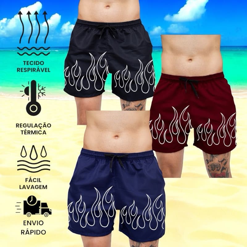 Short Praia Mauricinho Tactel Chama Fogo Estampado Bermuda Curta Piscina Leve