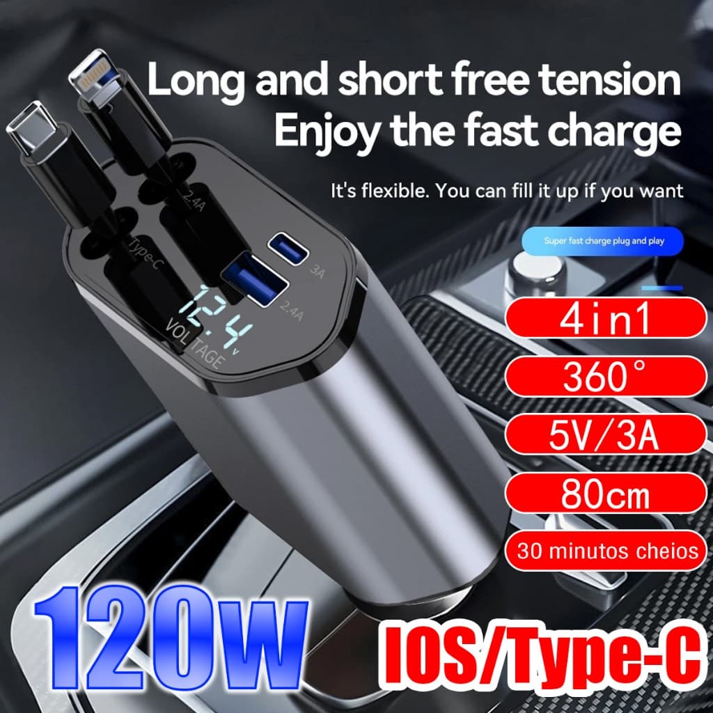 carregador de carro 120W 12V 4 Em 1 carregador veicular tipo c usb veicular carregador super turbo