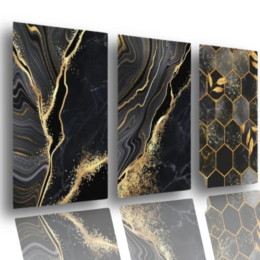 Quadros Decorativos Mármore Luxo Preto e Ouro Geométrico Sofisticado Sala Quarto