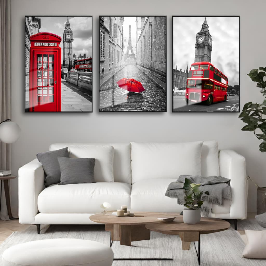 Quadros Decorativos Londres e Paris Big Ben, Torre Eiffel Arte Vermelha Sala