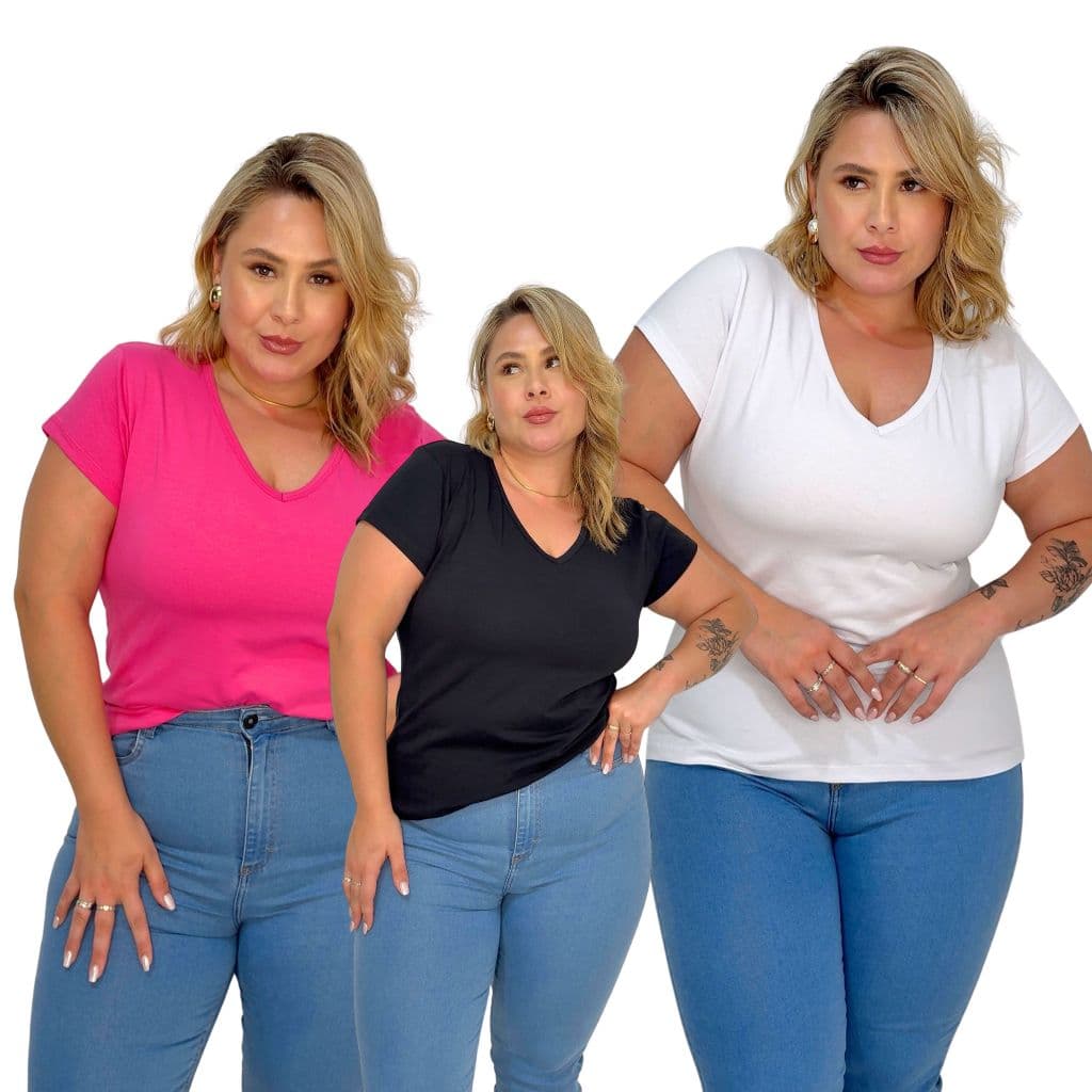 kit 3 blusas feminina plus size decote v algodão 96%